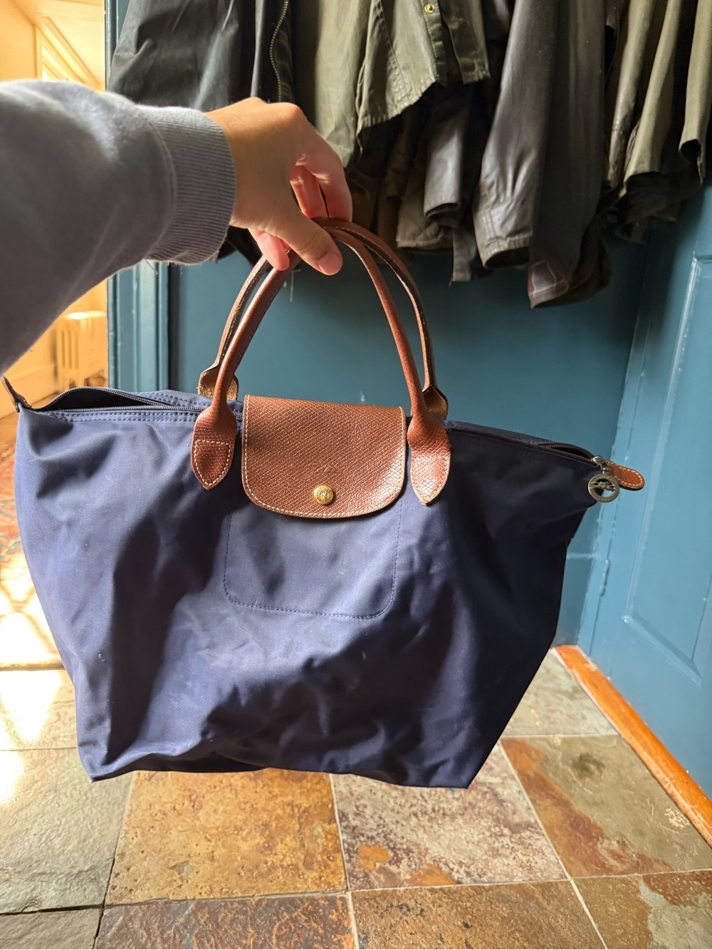 Longchamp Navy and Brown Leather Top-Handle Tote - Picture 2 of 4